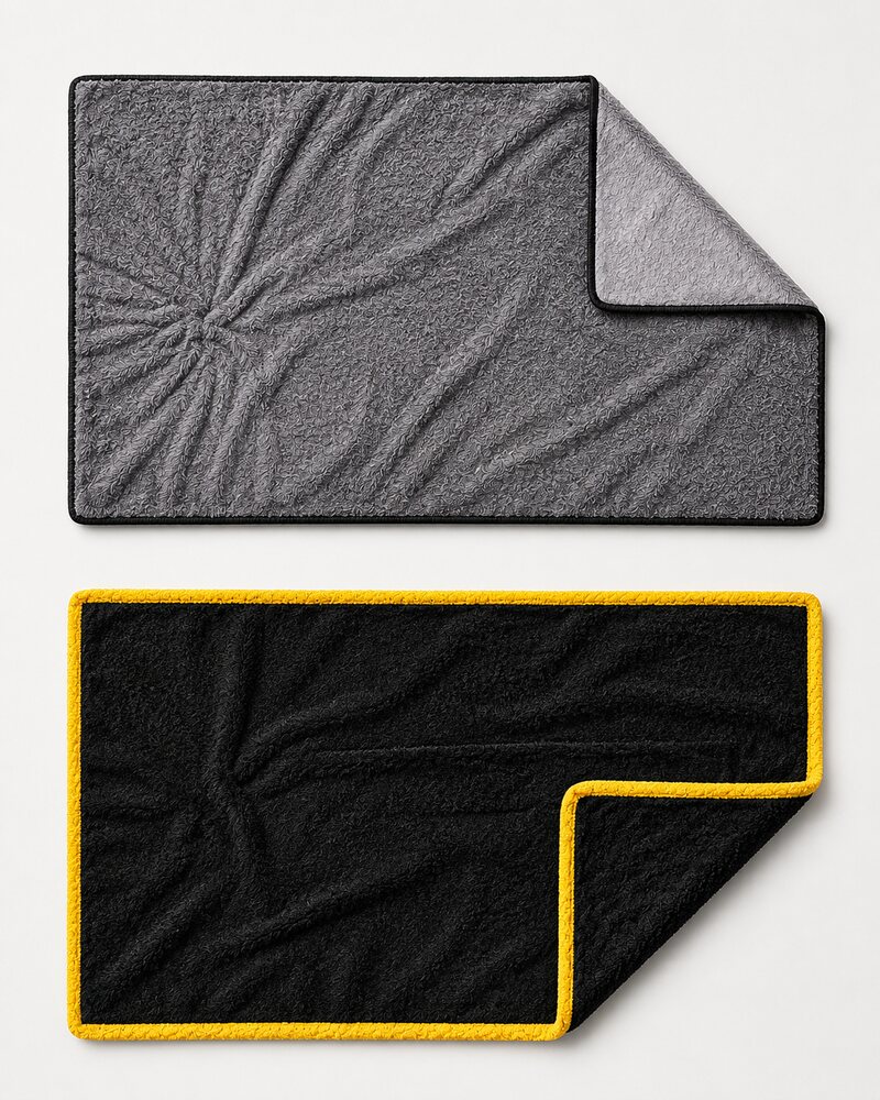 Top-down comparison of two car drying towels — the competitor's thin gray towel with its corner folded back showing a cheap lighter underside, vs the Ducking Wet 1400 GSM black towel with a gold microfiber bound edge and identical plush black on both sides.